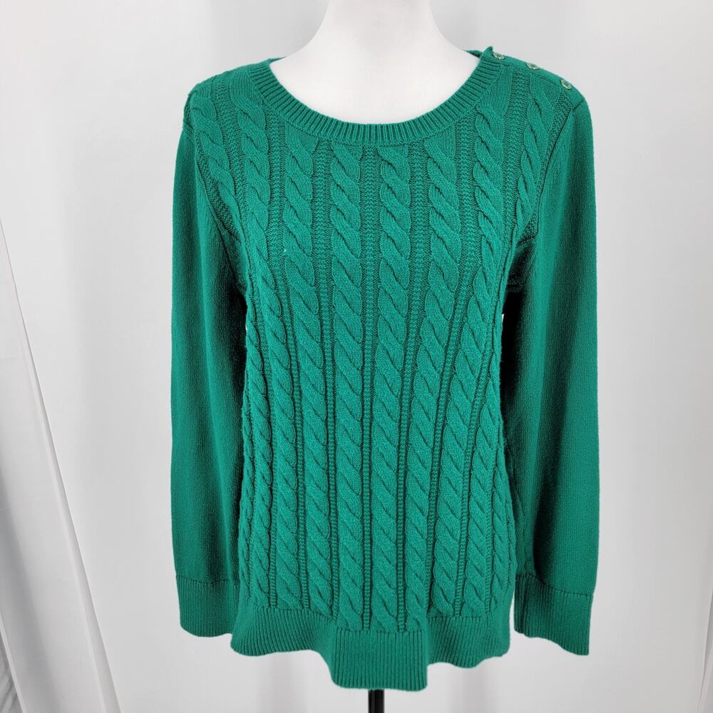 Talbots Sweater Women's L Green Cable Knit Crew Neck Long Sleeve Pullover